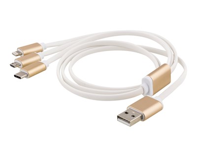 3-i-1 USB Kabel på 1m i guldfärg. Laddar alla populära mobilenheter!
