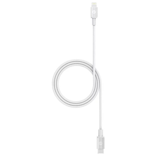 En Mophie usb-c till lightning kabel tillverkad i nylon med vit färg.