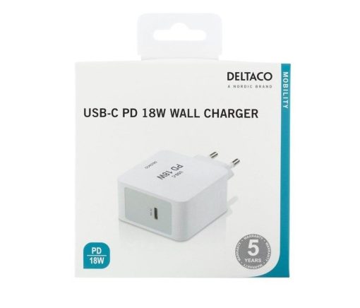 DELTACO 18W USB-C Väggladdare, PD 2.0, 3A - Vit