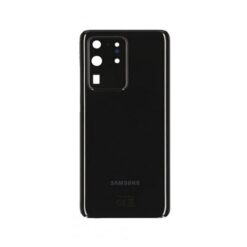 Samsung Galaxy S20 Ultra baksida i svart med förmonterad tejp och kameraglas