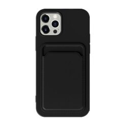Baksidan av svart silikonskal med korthållare och kameraurtag till iPhone 15 Pro