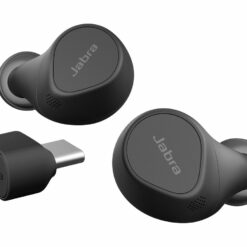 Jabra Evolve2 Buds MS svarta in-ear-hörlurar bredvid Link 380c USB-adapter