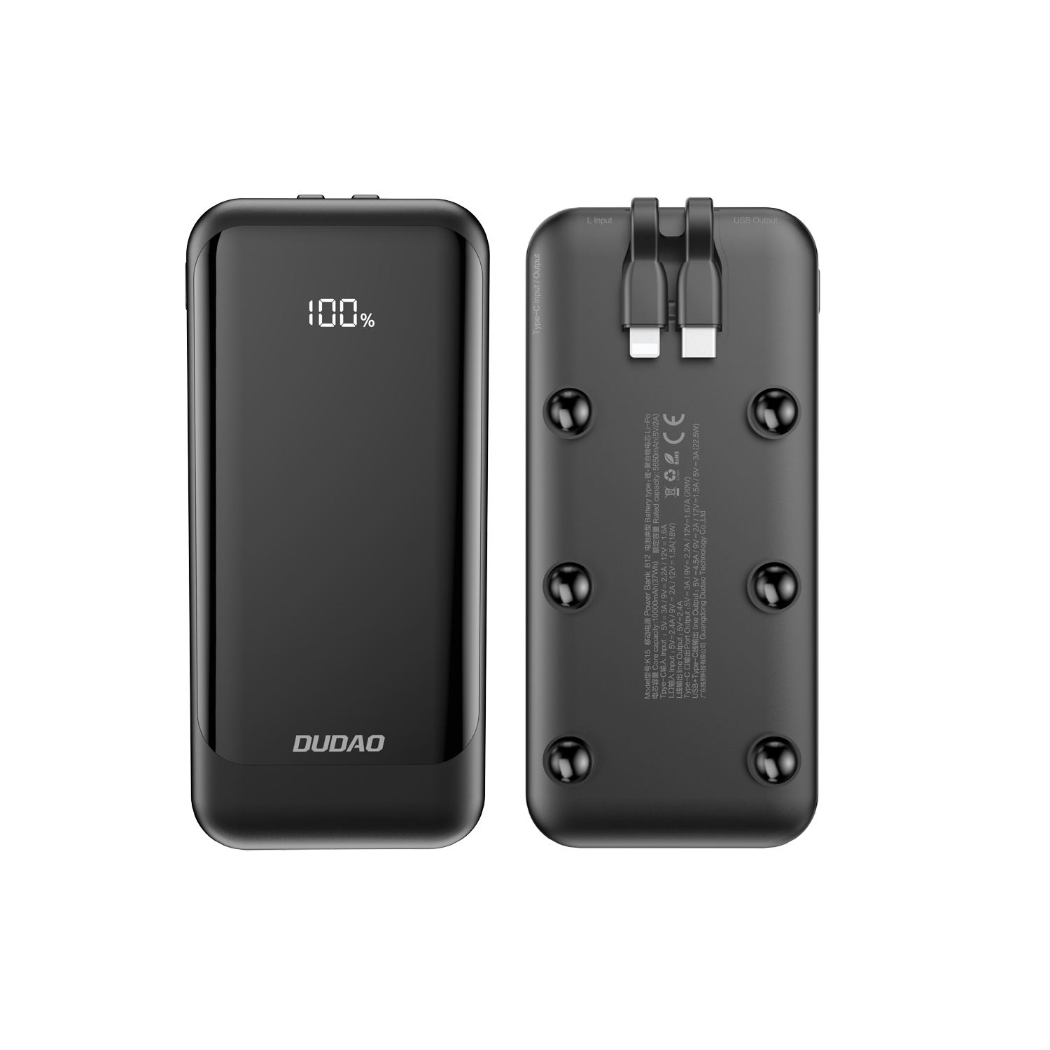 DUDAO K15 powerbank 10000mAh 22,5Watt 2x kablar - Svart