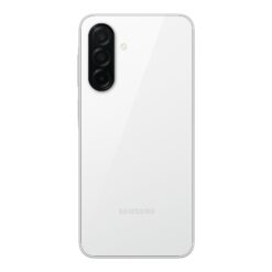 Samsung Galaxy A26 i vitt sedd bakifrån med trippelkamera