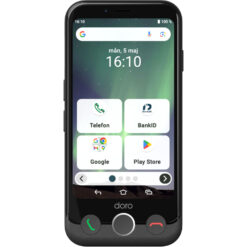 Doro Aurora A11 smartphone i grafitgrå sedd framifrån med enkel startskärm och tre fysiska knappar