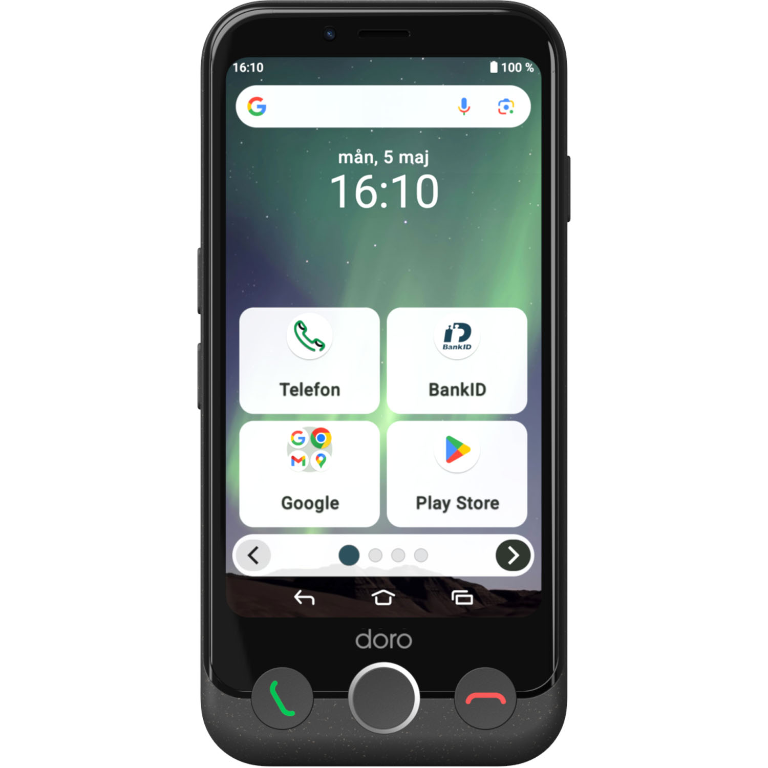 Doro Aurora A11 smartphone i grafitgrå sedd framifrån med enkel startskärm och tre fysiska knappar