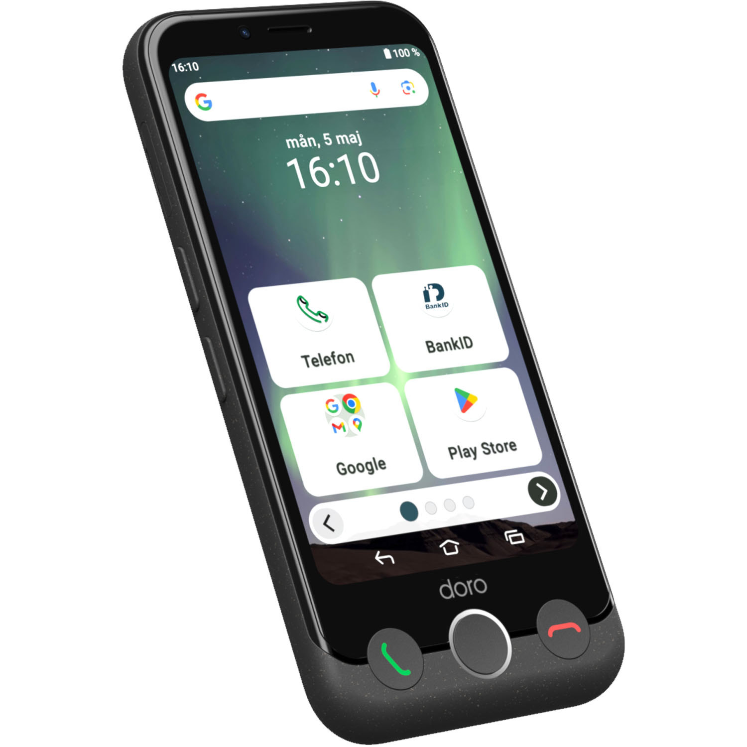 Doro Aurora A11 smartphone i grafitgrå sedd snett framifrån