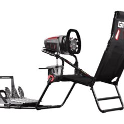 Next Level Racing GTLite vikbar racingcockpit i svart och rött med ratt och pedaler monterade