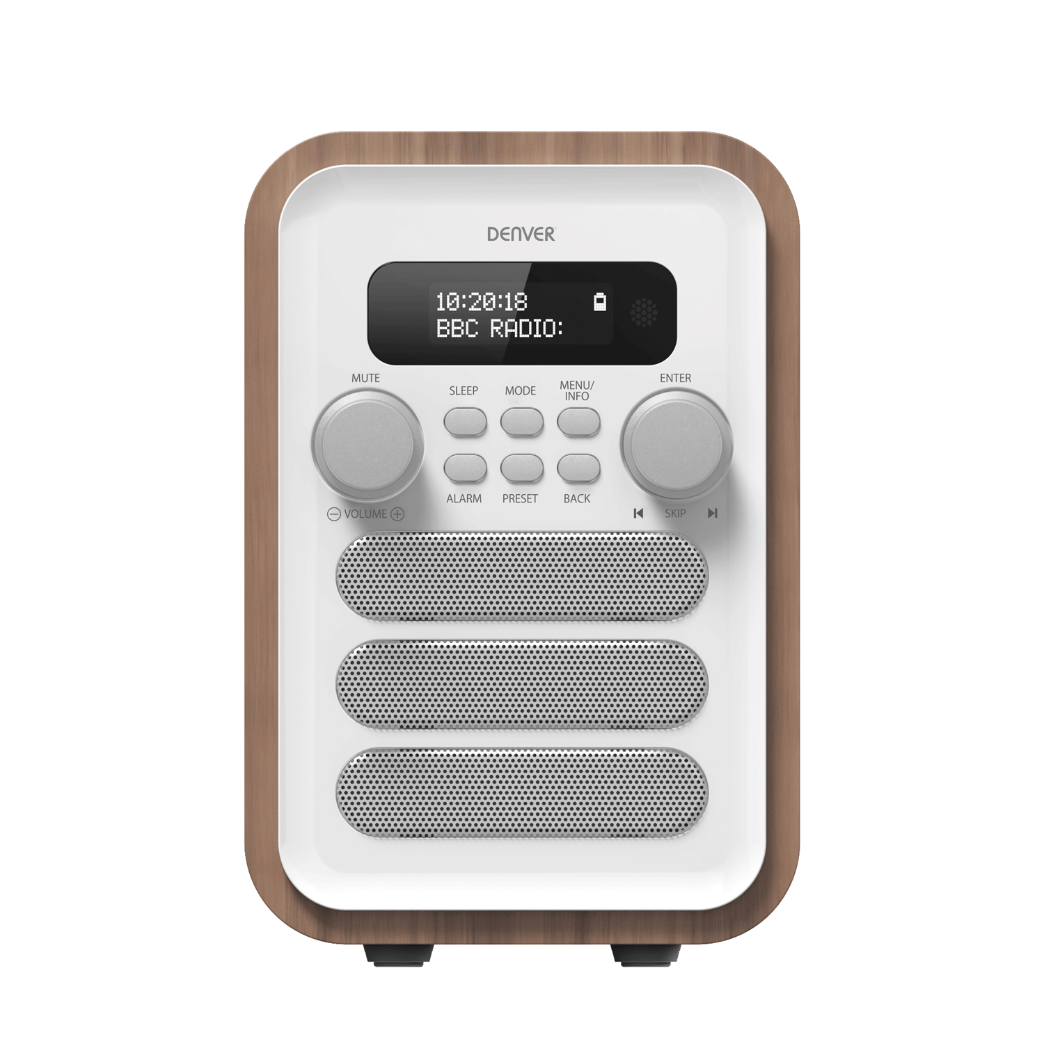 Denver DAB-48W DAB+/FM-radio sedd rakt framifrån med DOT Matrix-display
