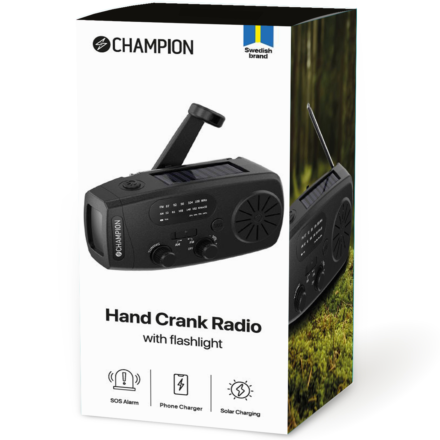 Vevradio med ficklampa och solcell Svart