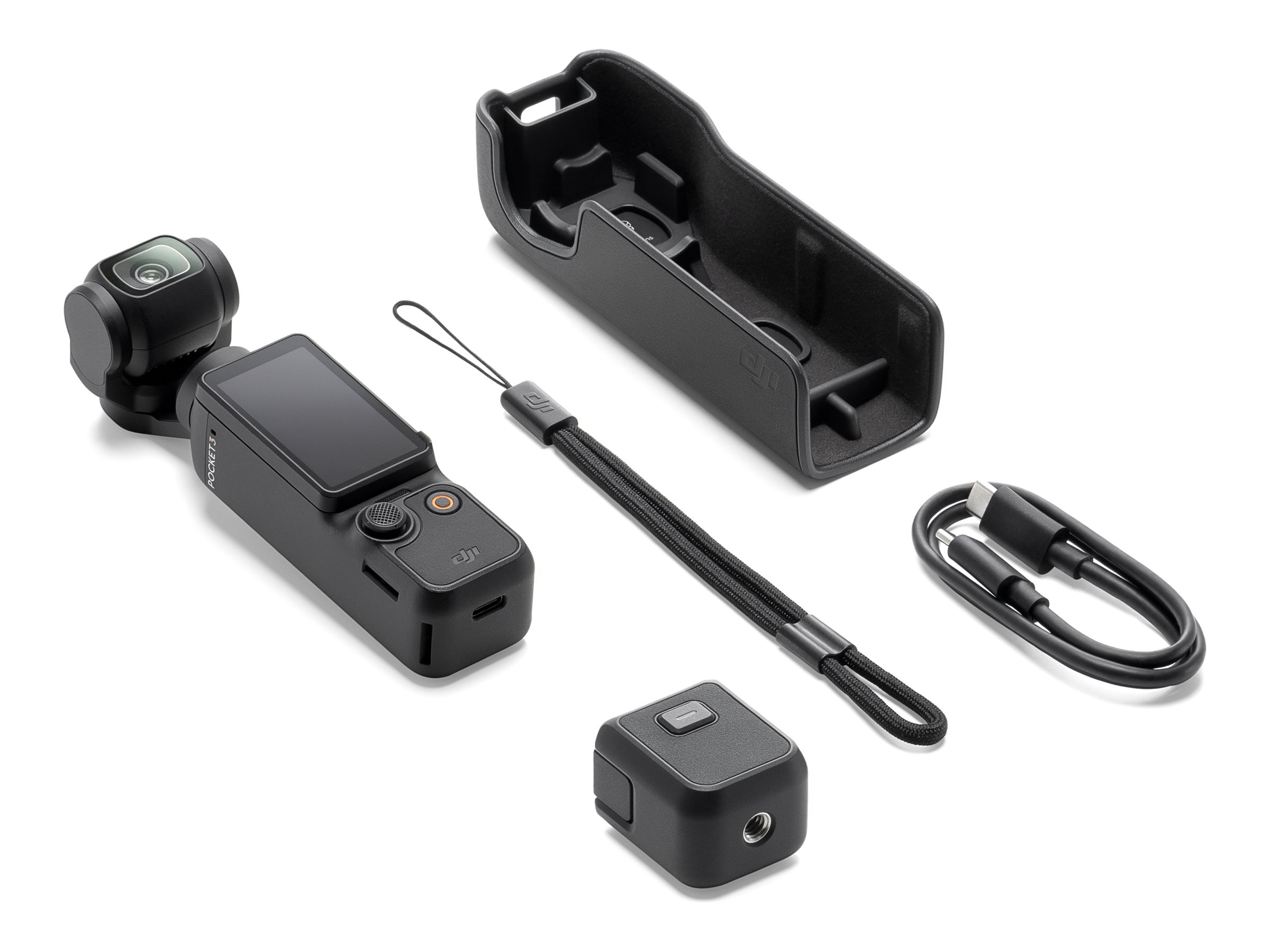 DJI Osmo Pocket 3 med handtag, handledsrem och USB-C-kabel