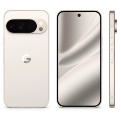 Google Pixel 10 Pro i Porslin visad från baksida, framsida och sida