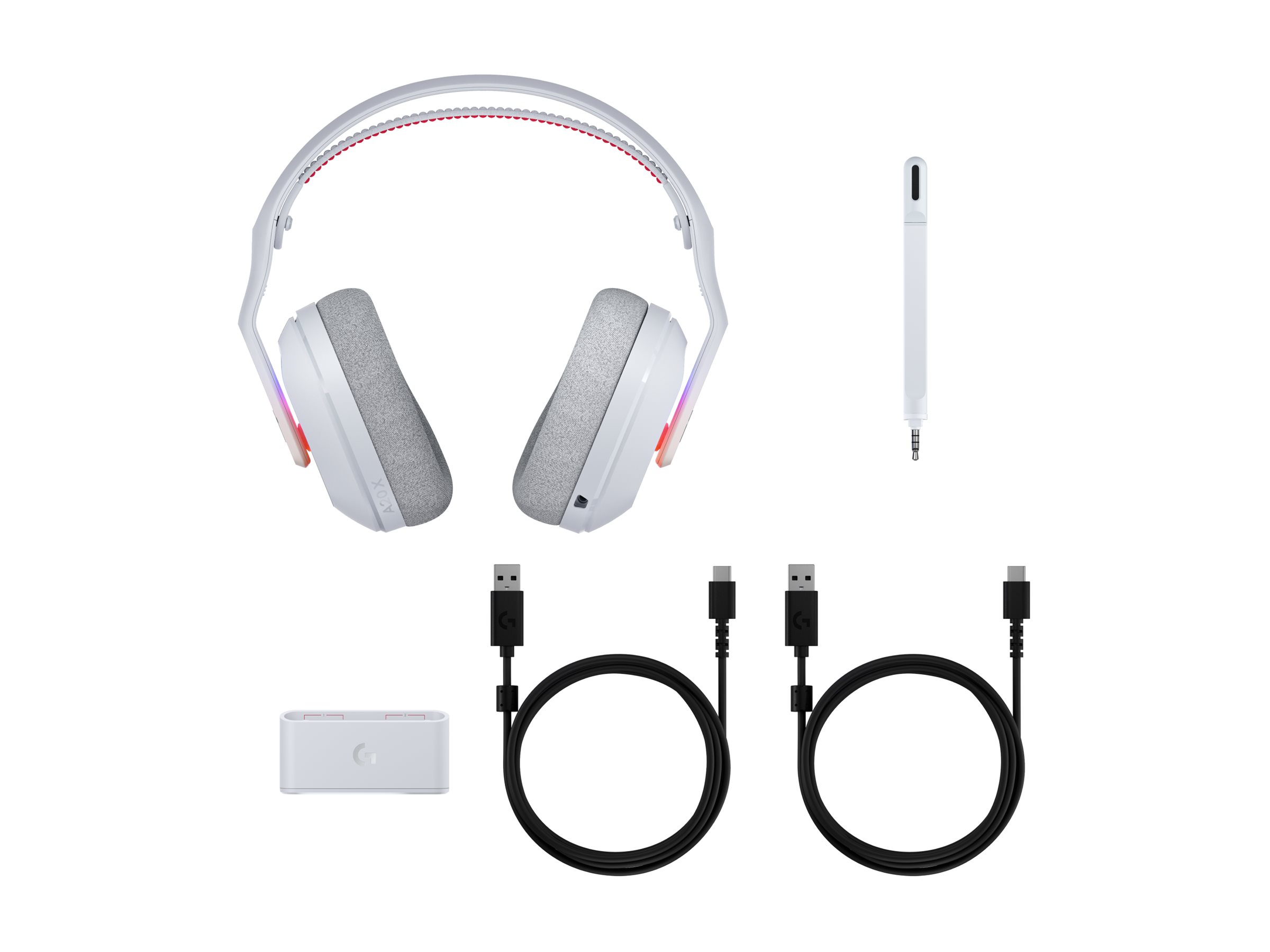 Vitt Logitech G Astro A20 X headset med USB-kablar, mottagare och avtagbar mikrofon