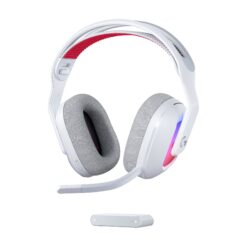 Vitt Logitech G Astro A20 X trådlöst gaming-headset med mikrofon och USB-mottagare, sett framifrån