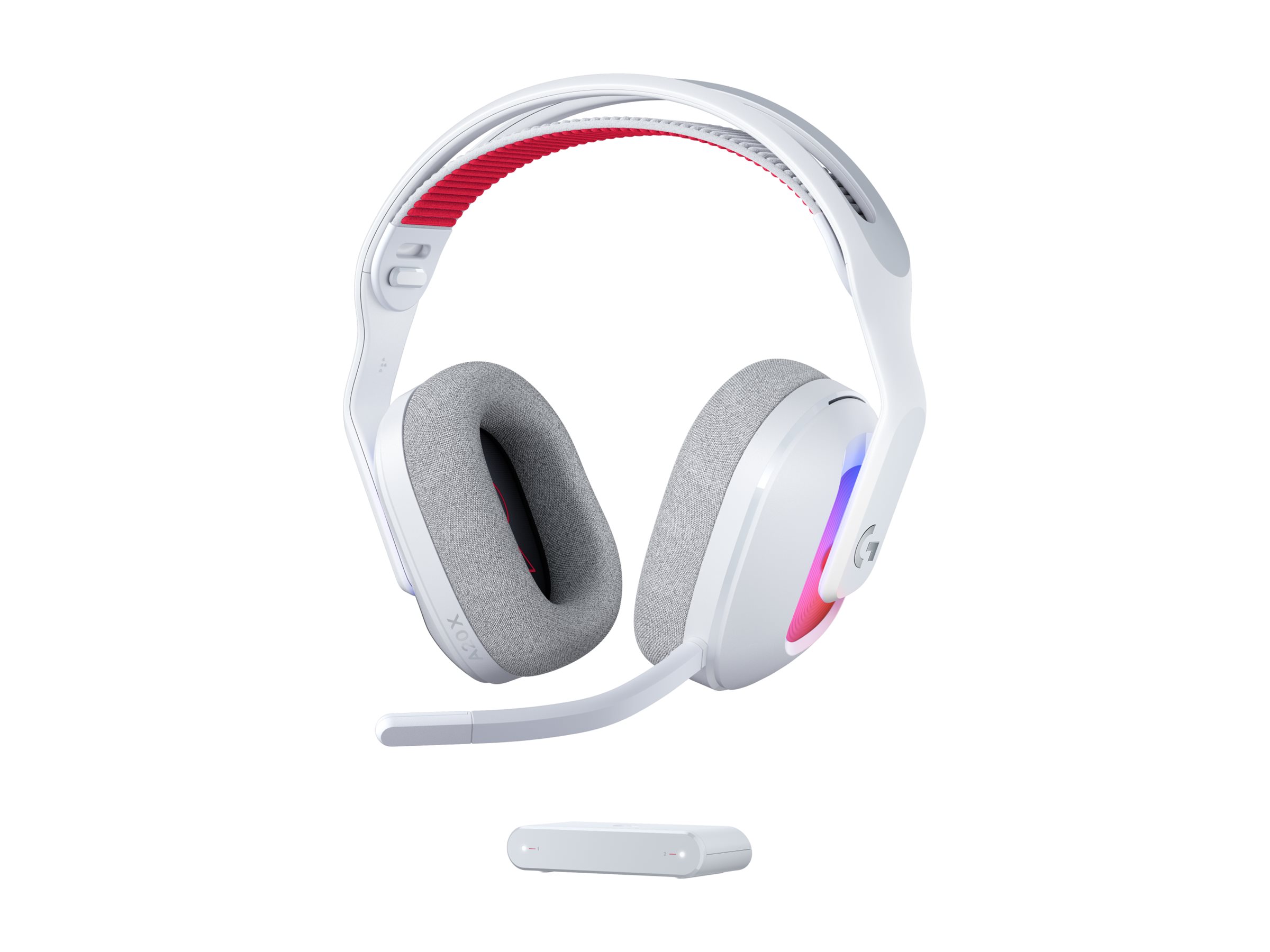 Vitt Logitech G Astro A20 X trådlöst gaming-headset med mikrofon och USB-mottagare, sett framifrån