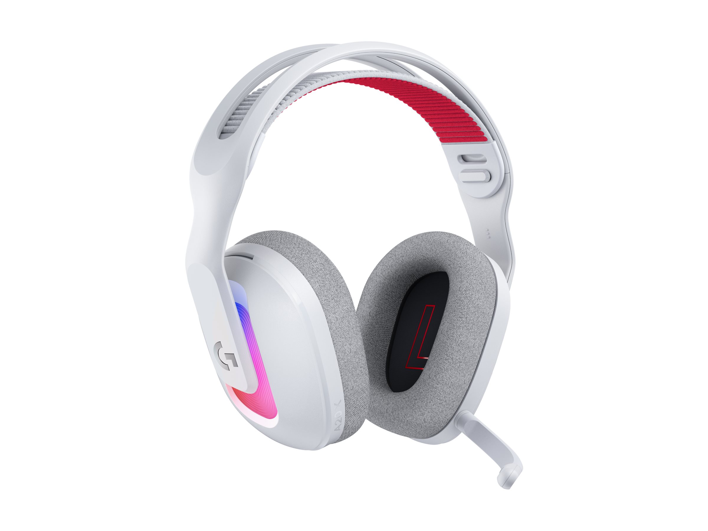Vitt Logitech G Astro A20 X gaming-headset med LIGHTSYNC RGB sett snett framifrån