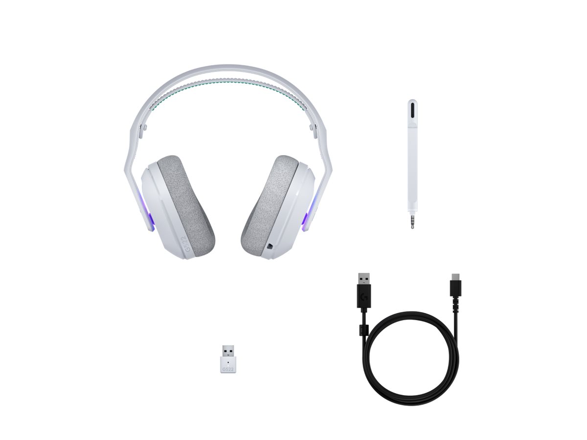 Logitech G G522 med tillbehör: mikrofon, LIGHTSPEED-dongel och USB-C-kabel