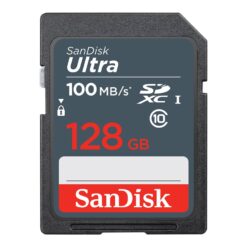 SanDisk Ultra SDXC 128 GB minneskort med 100 MB/s och Class 10 sett rakt framifrån