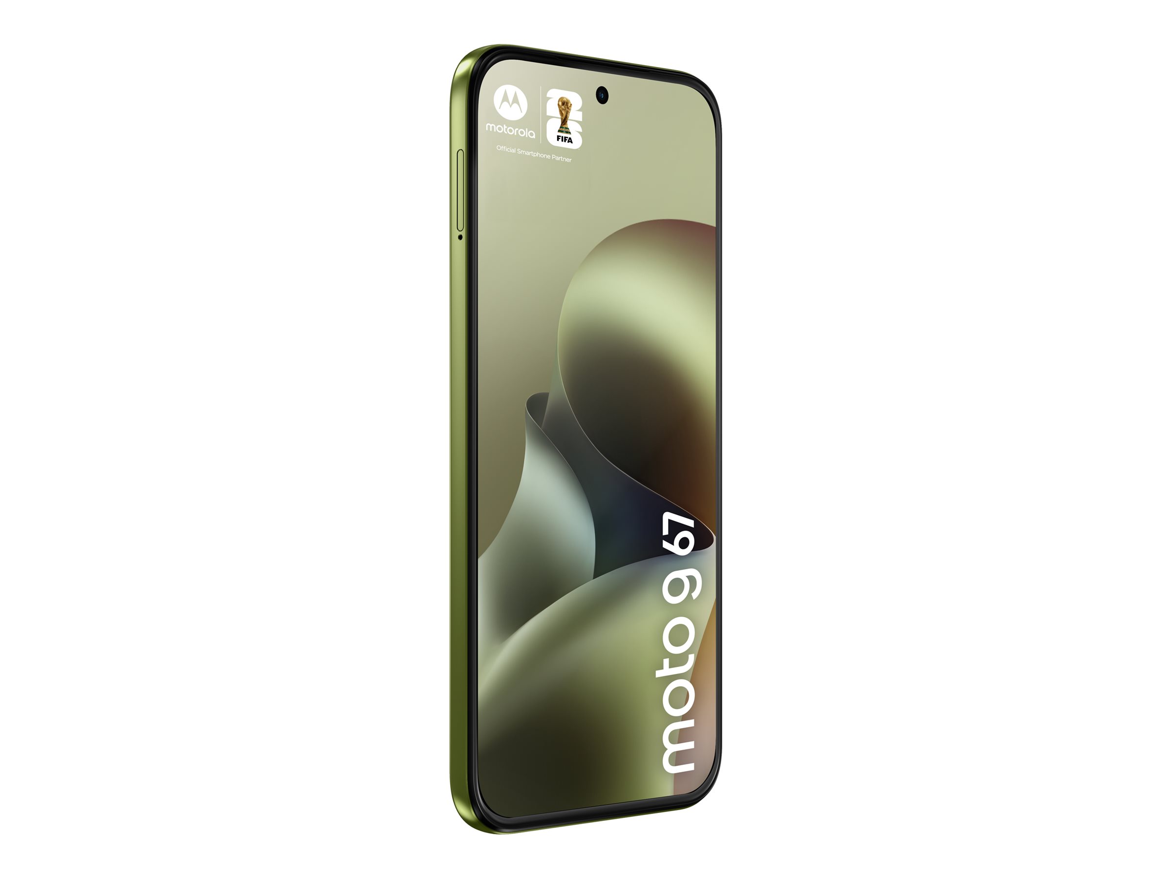 Motorola Moto G67 5G i grönt, vinklad vy av skärmen