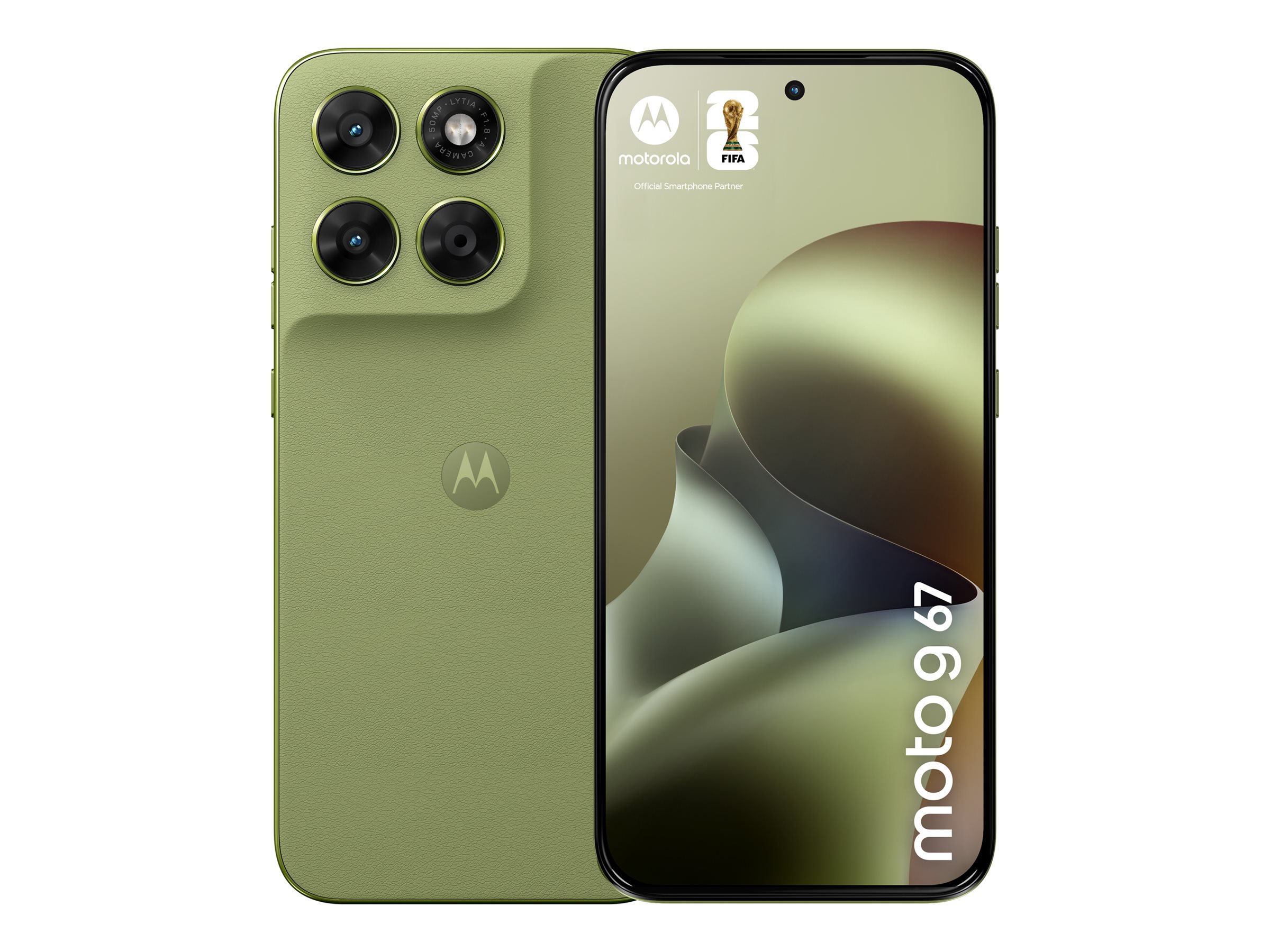 Motorola Moto G67 5G i grönt, kameramodul, skärm och sidoprofil