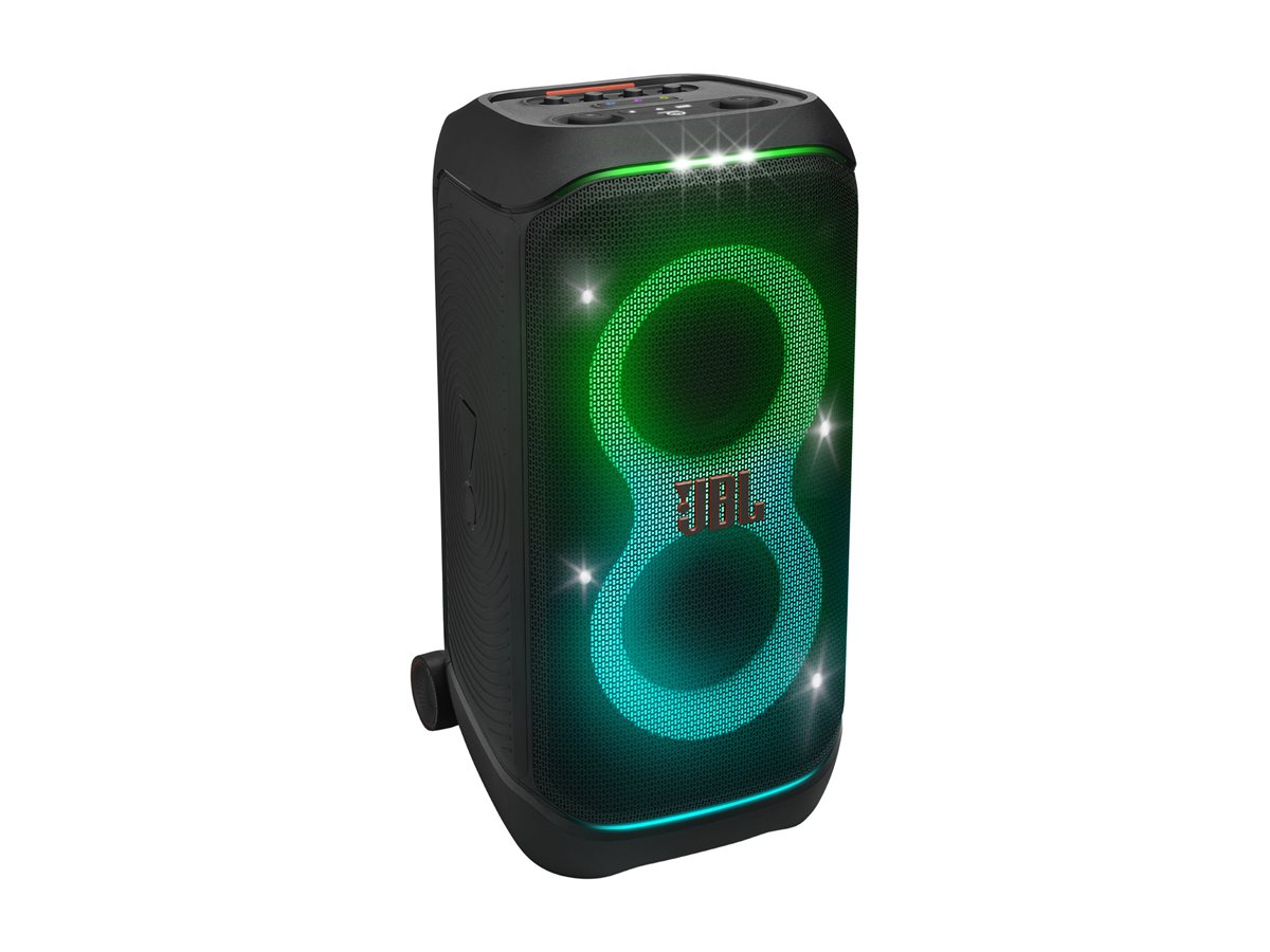JBL PartyBox Stage 320 i vinkel med ljusshow