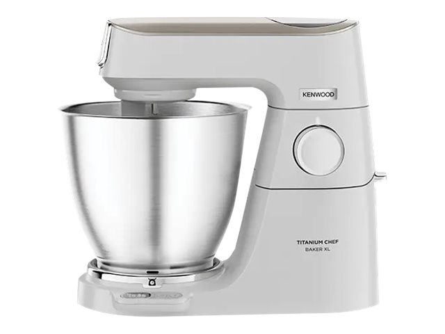Kenwood Titanium Chef Baker XL sedd från sidan, visar Kenwood-logotyp och hastighetsreglage.