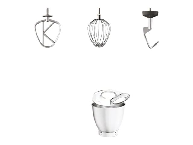 K-visp, ballongvisp och degkrok tillsammans med skålen och stänkskyddet som medföljer Kenwood Titanium Chef Baker XL.