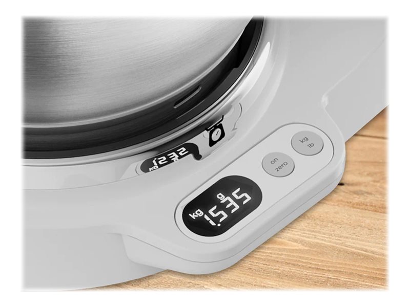 Närbild på den inbyggda digitala vågen i basen av Kenwood Titanium Chef Baker XL, med vikt visad i kg.