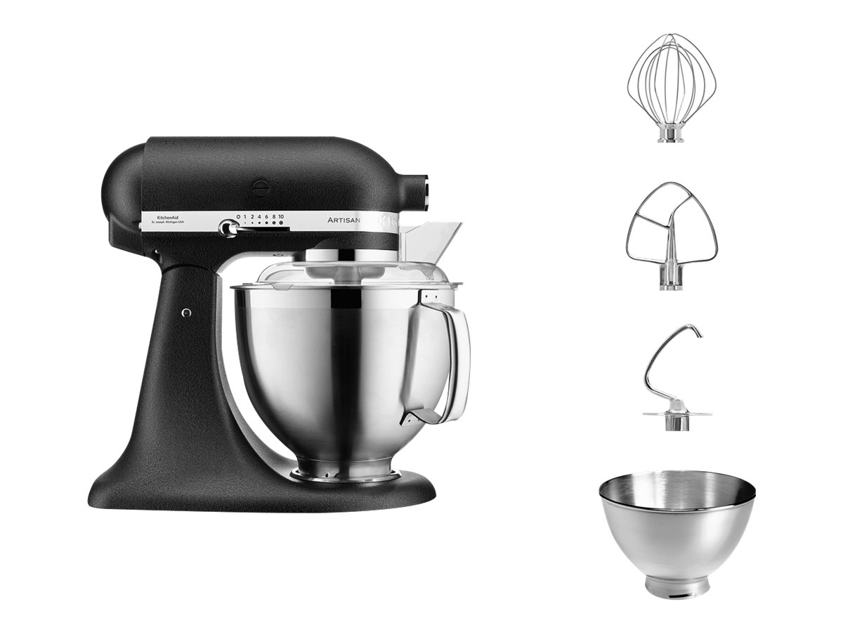 KitchenAid Artisan Premium 5KSM185PSEBK köksmaskin med medföljande tillbehör och skålar