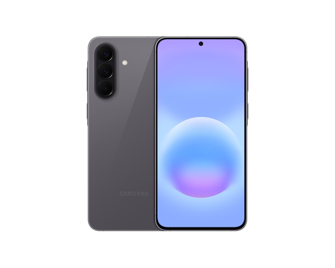 Samsung Galaxy A57 128GB 5G i grått, sedd framifrån och bakifrån