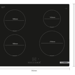 Bosch Serie 4 PUE611BB5E induktionshäll med kokzonernas storlekar angivna