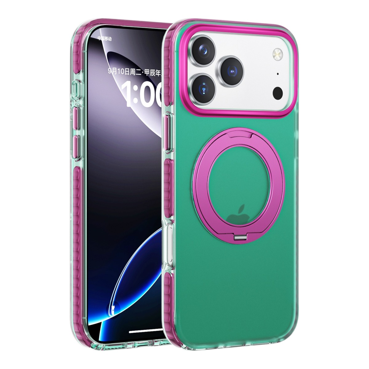iridescent shockproof case with 360 degree rotatable kickstand for iphone 17 pro green 4