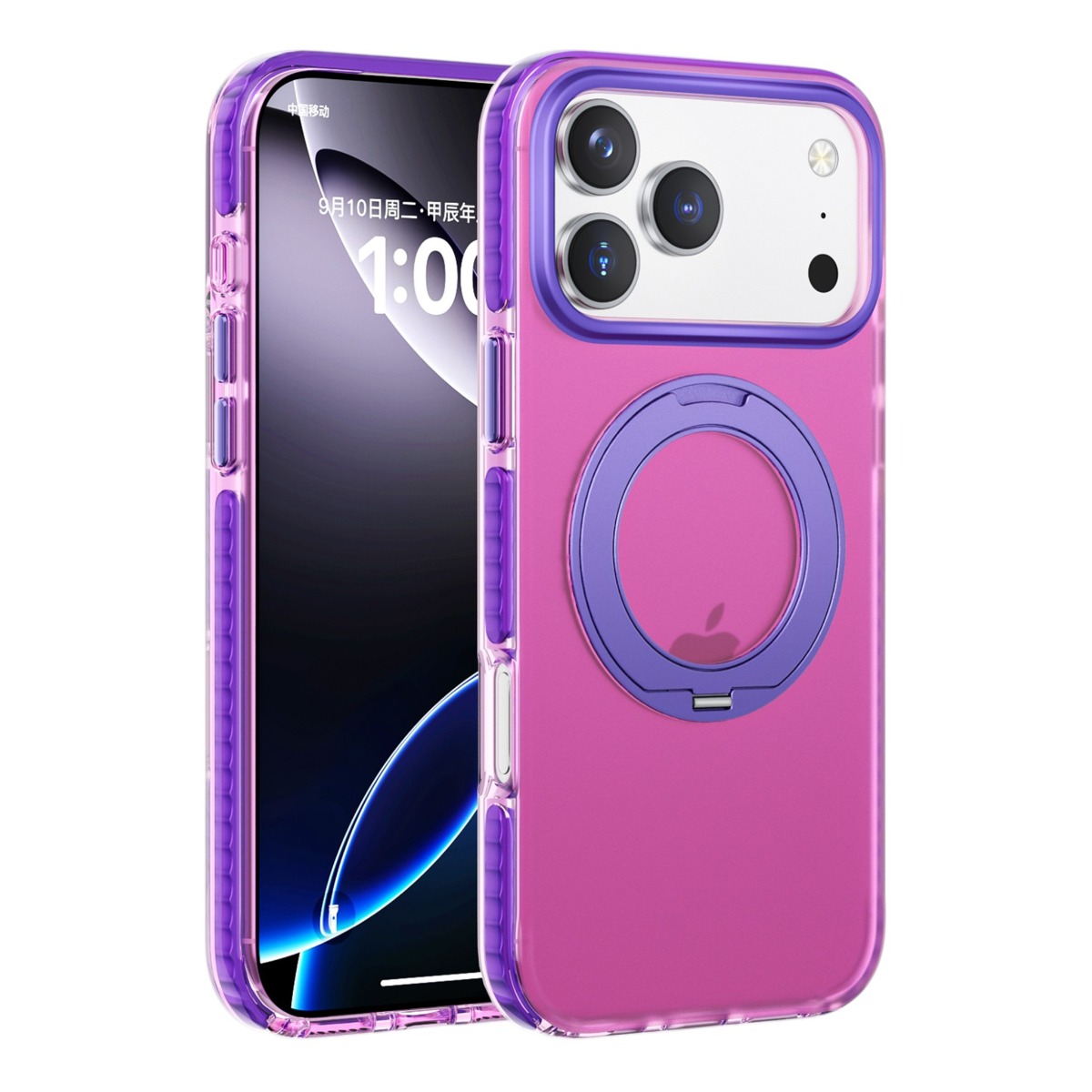 iridescent shockproof case with 360 degree rotatable kickstand for iphone 17 pro rose red 3