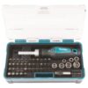 Makita B-36170 bitssats med spärrskruvmejsel, bits och hylsor i öppet plastfodral