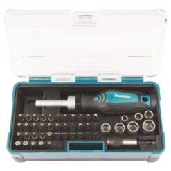 Makita B-36170 bitssats med spärrskruvmejsel, bits och hylsor i öppet plastfodral