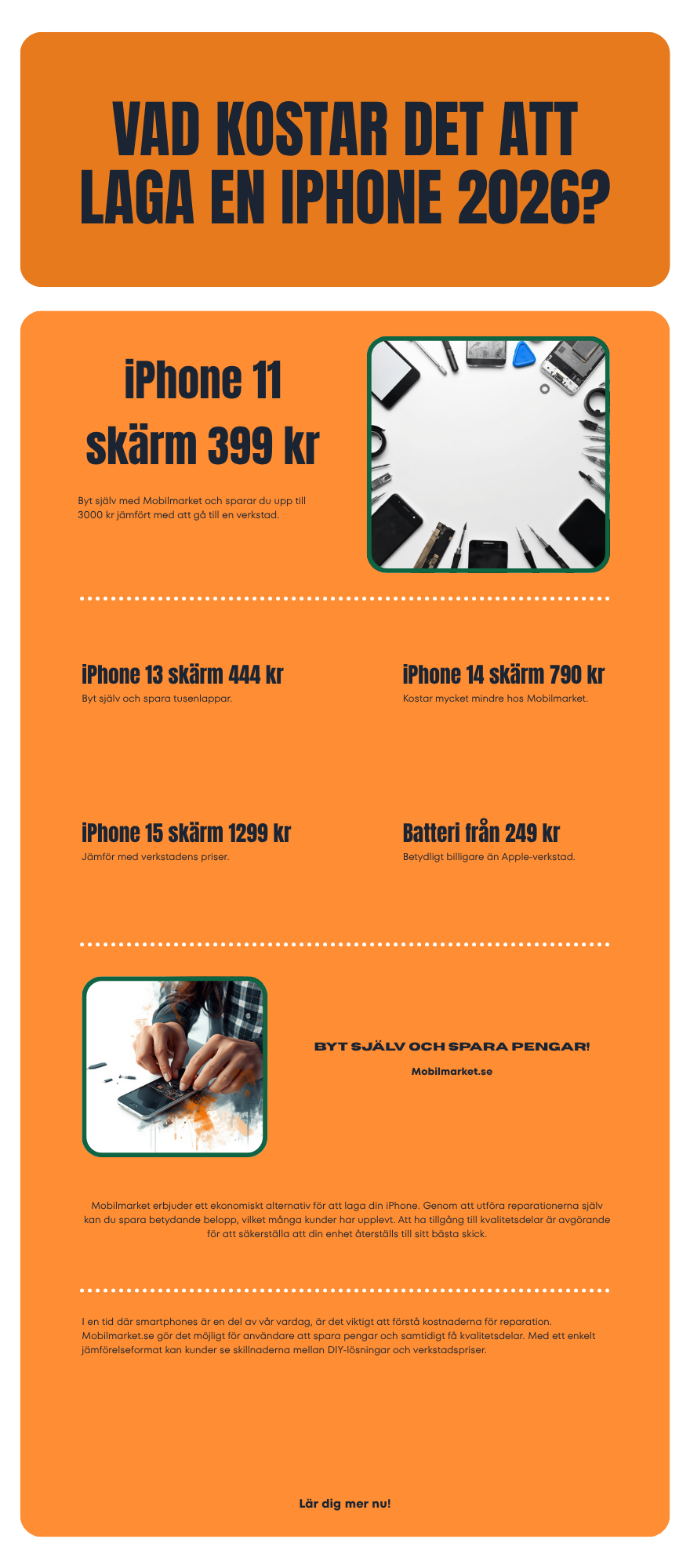Prisjämförelse: iPhone-reservdelar hos Mobilmarket mot verkstad och Apple 2026