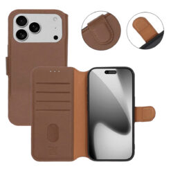 RV plånboksfodral i äkta brun läder för iPhone 17 Pro
