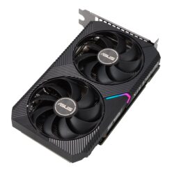 ASUS Dual GeForce RTX 3060 OC Edition grafikkort snett framifrån med RGB-list och dubbla fläktar