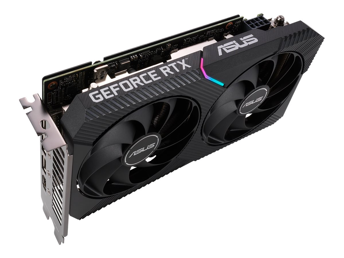 ASUS Dual GeForce RTX 3060 OC Edition grafikkort med GEFORCE RTX-logotyp och strömkontakt