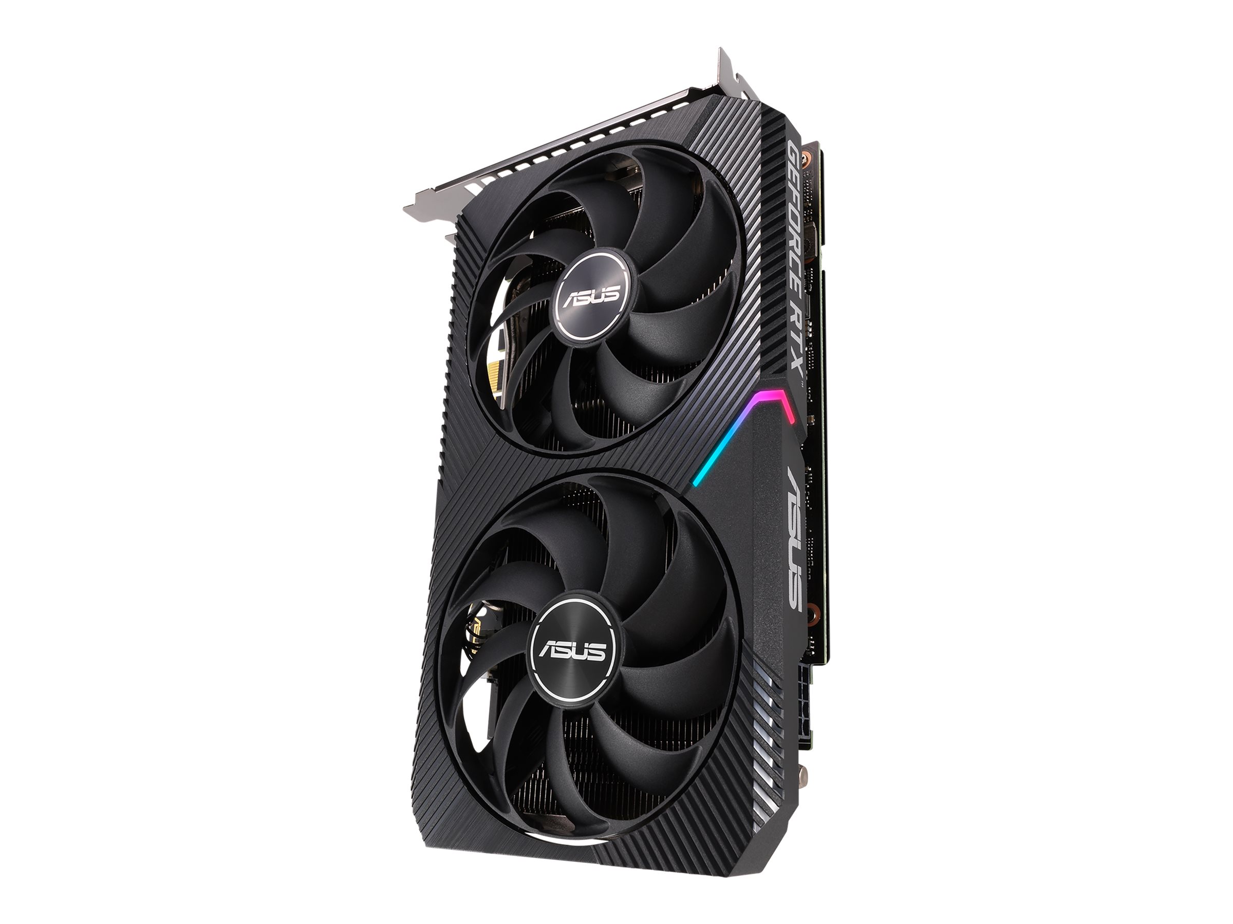 ASUS Dual GeForce RTX 3060 OC Edition grafikkort i stående vy med RGB-list längs sidan
