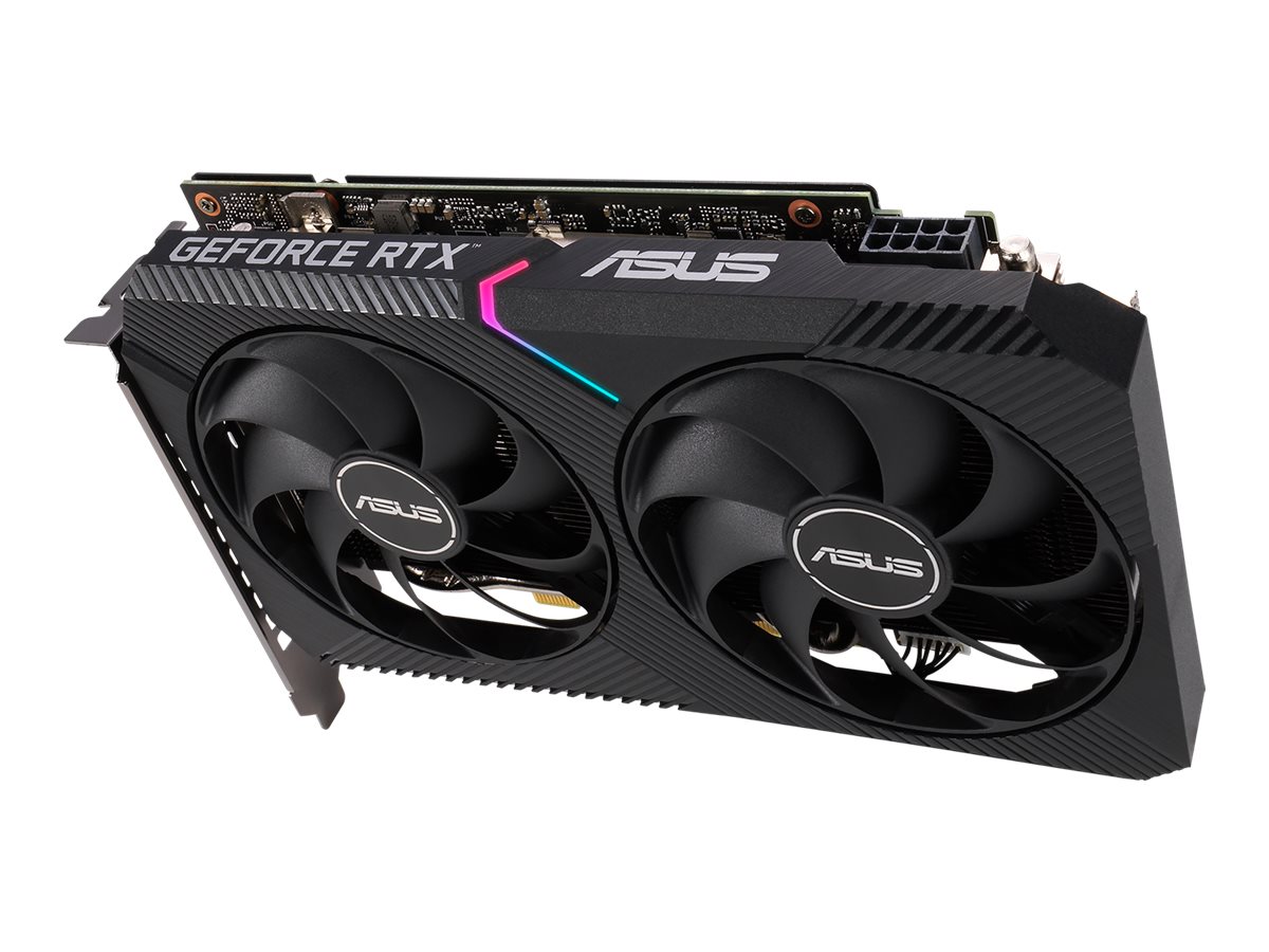 ASUS Dual GeForce RTX 3060 OC Edition grafikkort sett snett ovanifrån med kretskort synligt