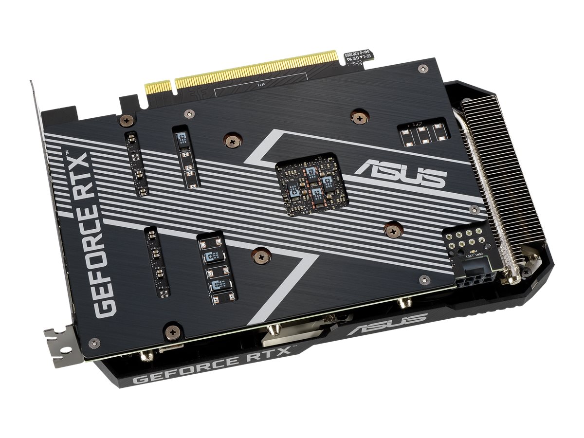 ASUS Dual GeForce RTX 3060 OC Edition grafikkort baksida med skyddsplåt sedd snett