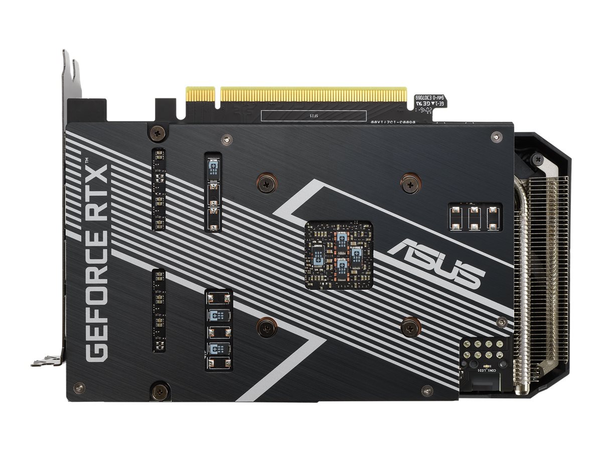 ASUS Dual GeForce RTX 3060 OC Edition grafikkort baksida rakt framifrån med skyddsplåt och GEFORCE RTX-text