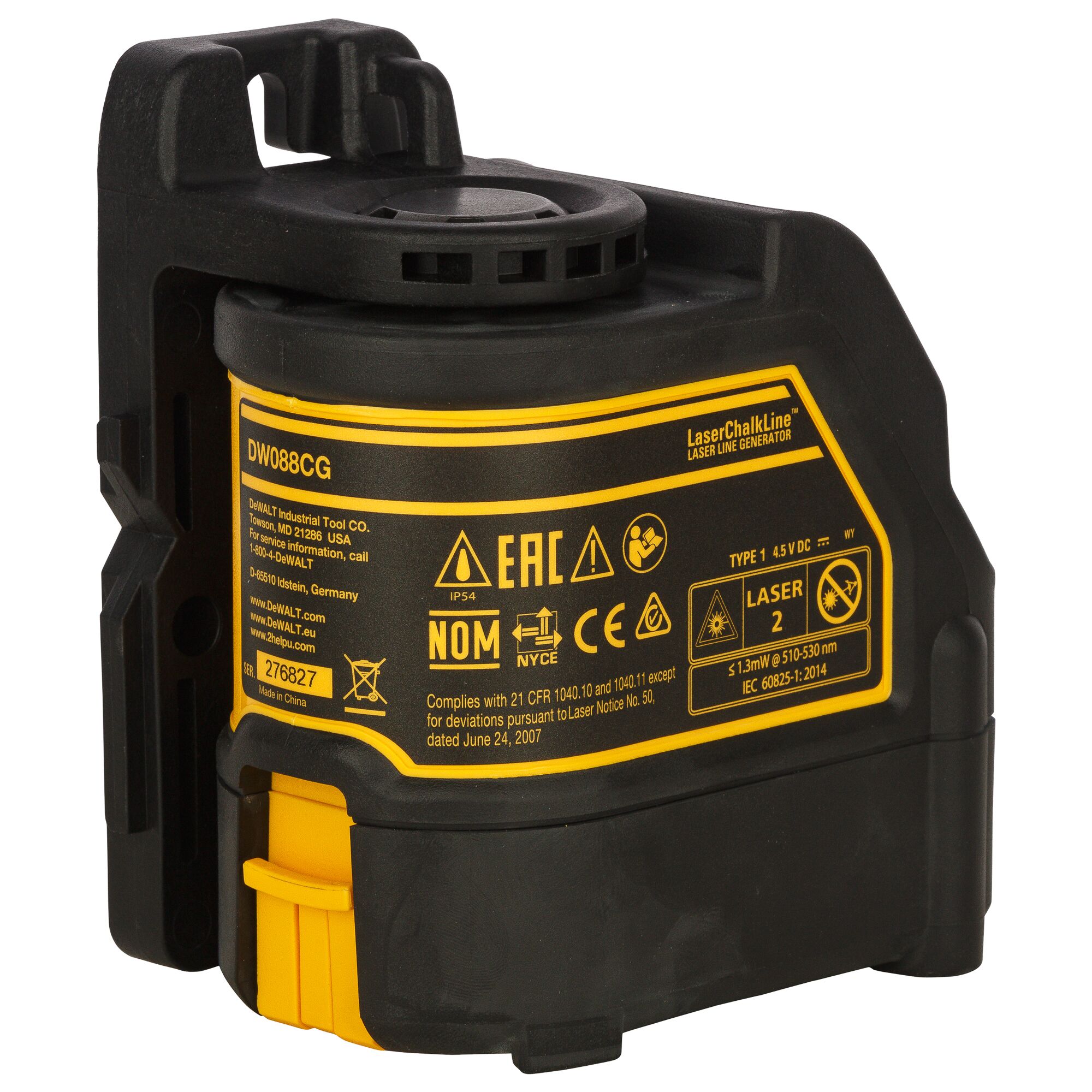 DeWALT DW088CG undersida med typskylt och laserklass