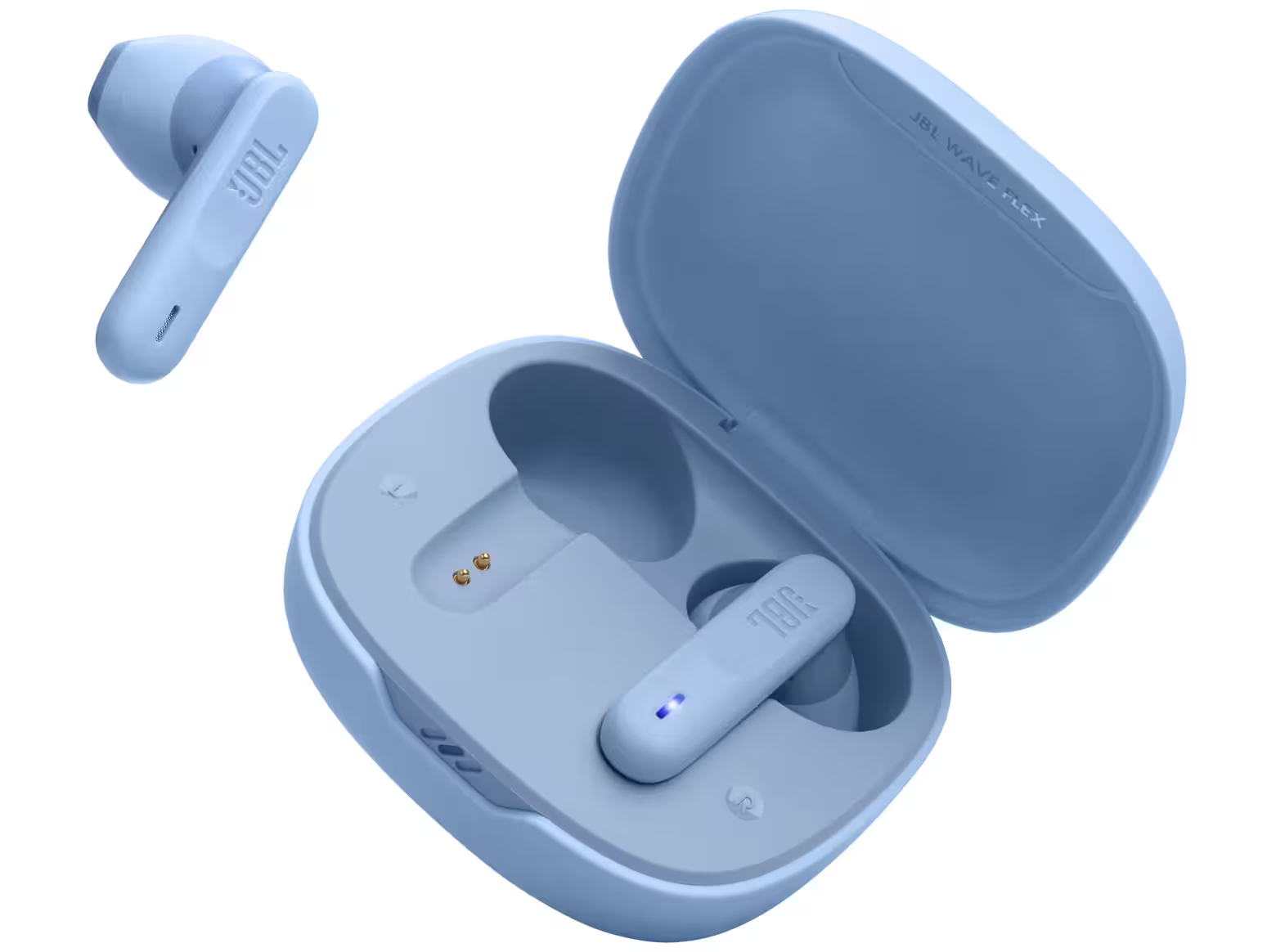 JBL Wave Flex blå hörlurar med öppet laddetui