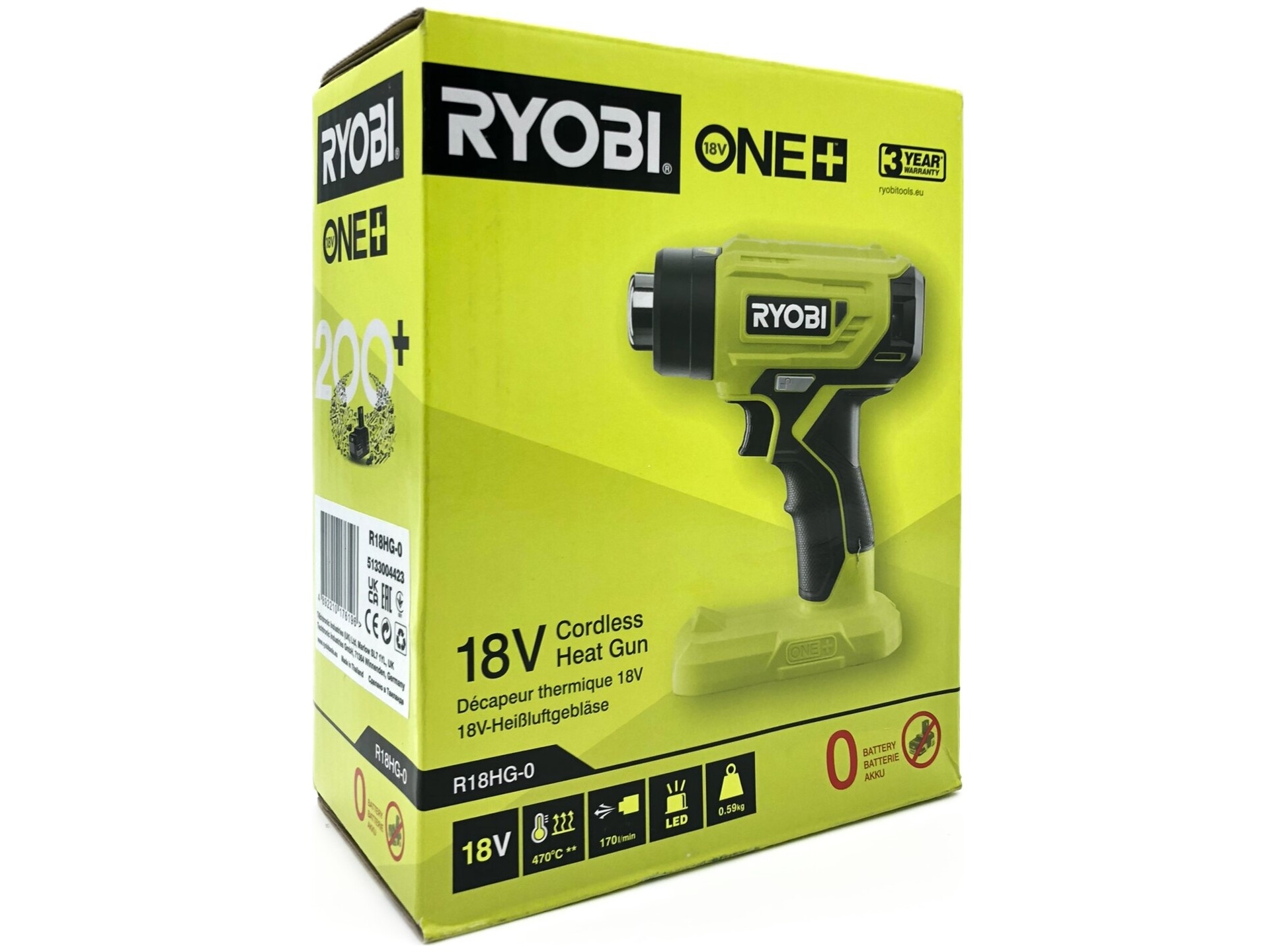 Ryobi One+ R18HG-0 Varmepistol 18V Batteri og lader ikke inkluderet