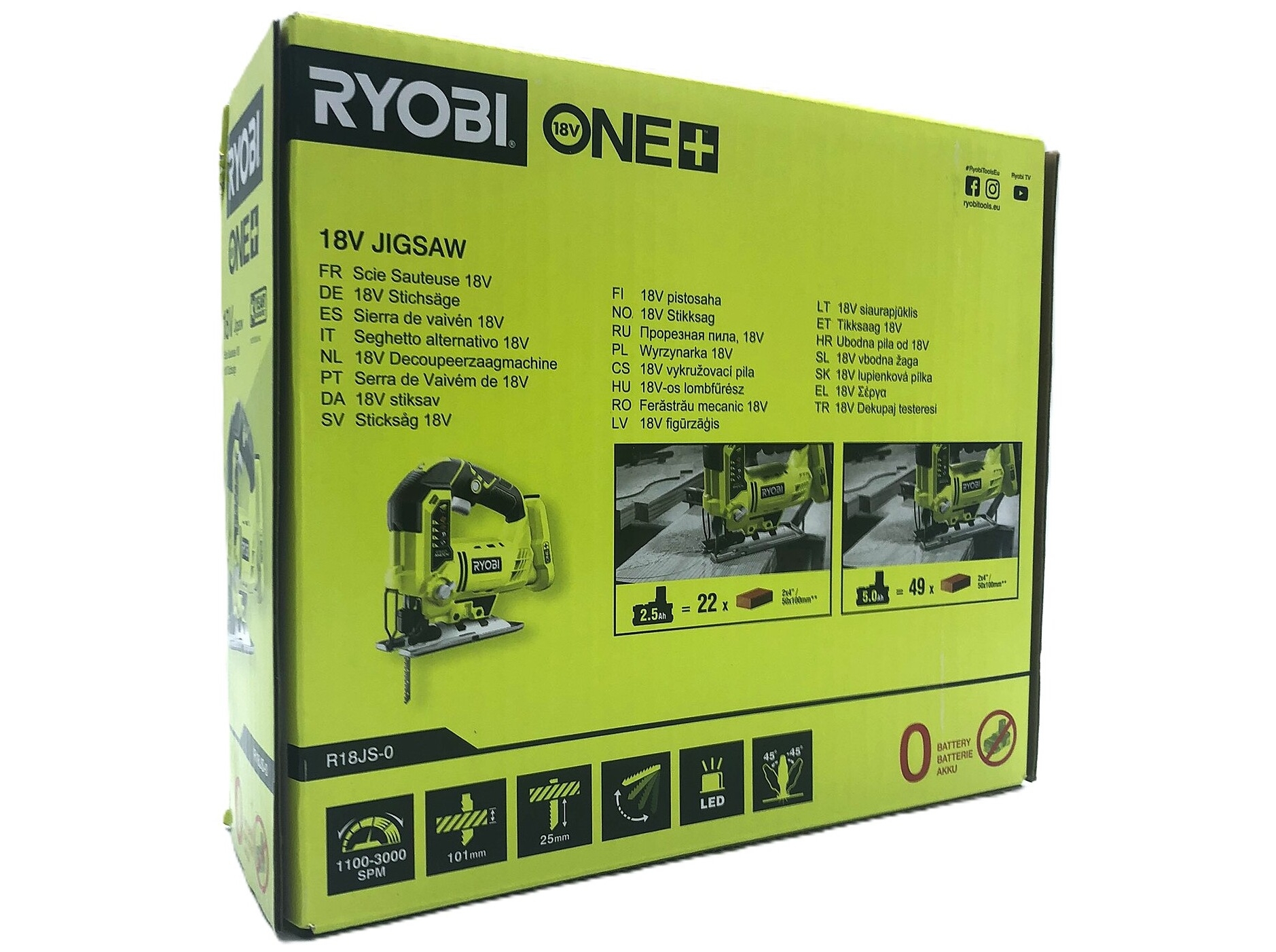 Ryobi One+ R18JS-0 Stiksav 18V Batteri og lader ikke inkluderet
