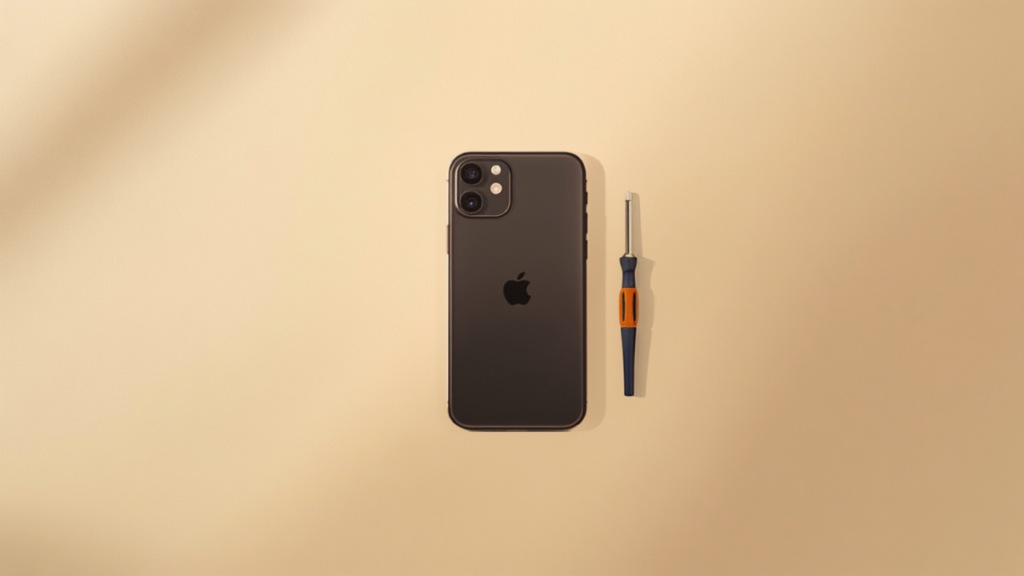 Nytt iPhone batteri och orange skruvmejsel bredvid en iPhone på ljus beige bakgrund