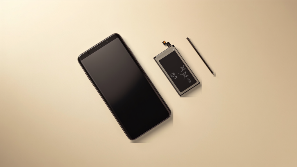 Samsung Galaxy telefon bredvid ett nytt batteri och en skruvmejsel pa ljus bakgrund