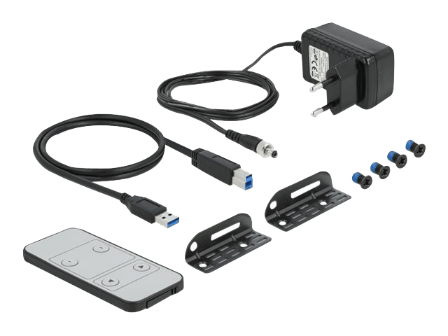 Delock HDMI KVM Switch, medföljande tillbehör: IR-fjärrkontroll, kablar, strömadapter och monteringsfästen